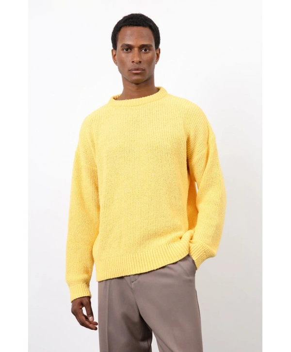 Erkek Normal Kalıp Bisiklet Yaka Örme Triko Kazak -Sarı