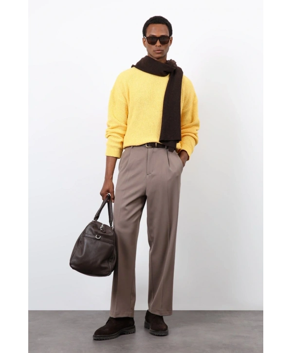 Erkek Normal Kalıp Bisiklet Yaka Örme Triko Kazak -Sarı