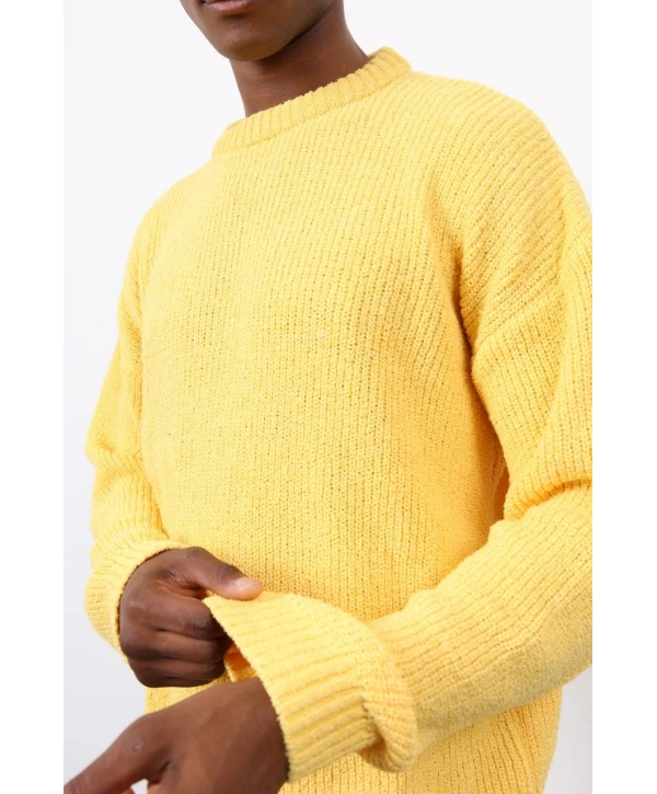 Erkek Normal Kalıp Bisiklet Yaka Örme Triko Kazak -Sarı