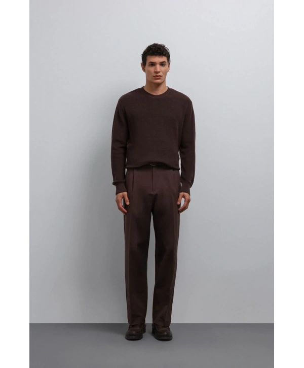 Erkek Normal Kalıp Bisiklet Yaka Triko Kazak -Kahverengi