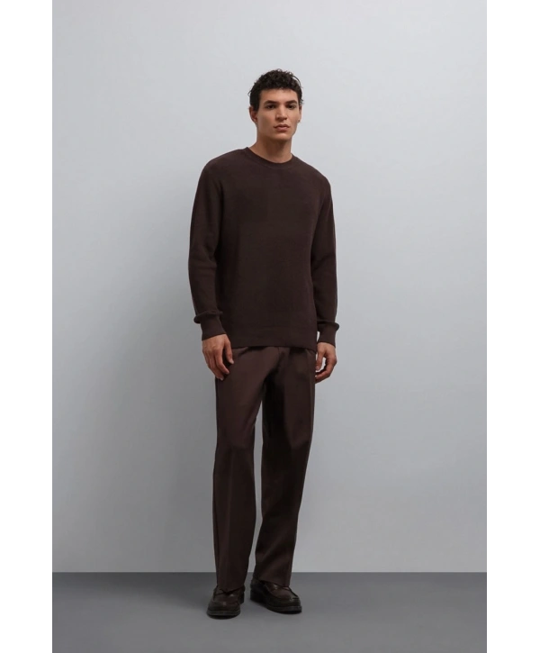 Erkek Normal Kalıp Bisiklet Yaka Triko Kazak -Kahverengi