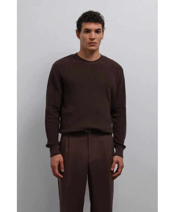 Erkek Normal Kalıp Bisiklet Yaka Triko Kazak -Kahverengi