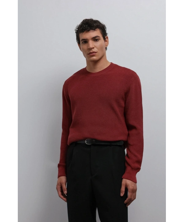 Erkek Normal Kalıp Bisiklet Yaka Triko Kazak -Kırmızı