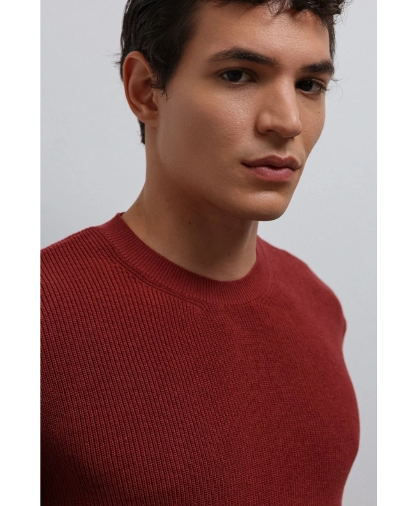 Erkek Normal Kalıp Bisiklet Yaka Triko Kazak -Kırmızı