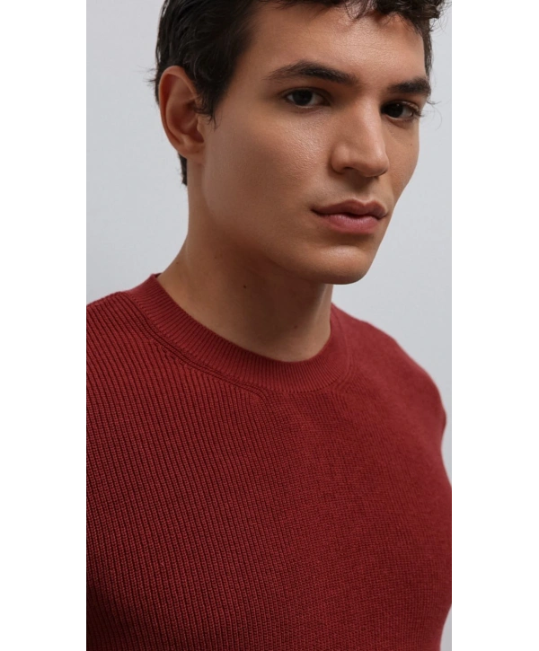 Erkek Normal Kalıp Bisiklet Yaka Triko Kazak -Kırmızı