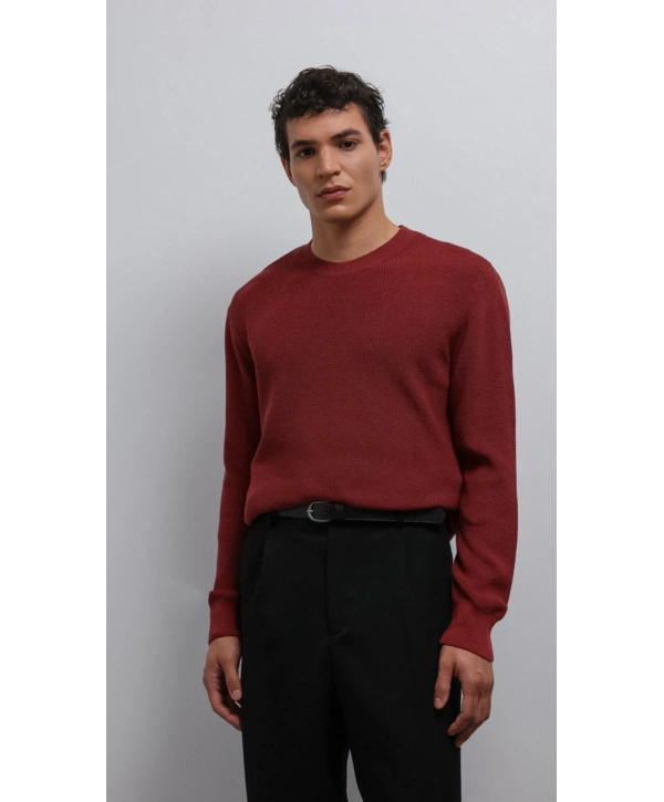 Erkek Normal Kalıp Bisiklet Yaka Triko Kazak -Kırmızı