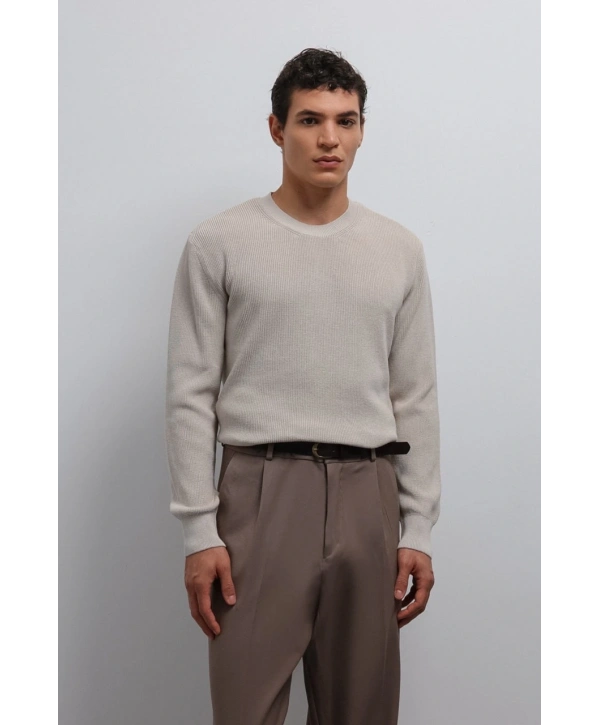 Erkek Normal Kalıp Bisiklet Yaka Triko Kazak -Krem