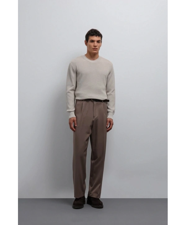 Erkek Normal Kalıp Bisiklet Yaka Triko Kazak -Krem