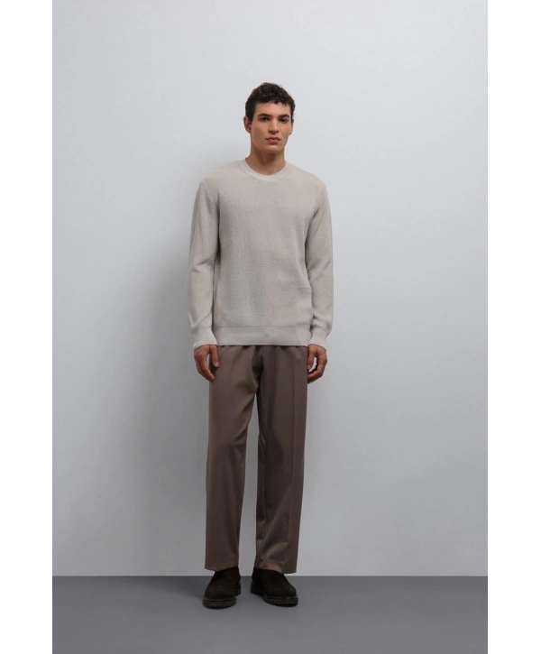 Erkek Normal Kalıp Bisiklet Yaka Triko Kazak -Krem