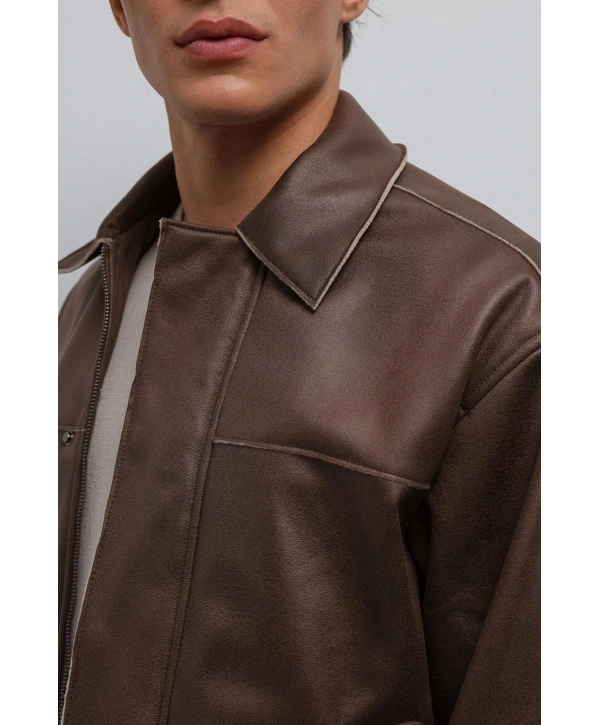 Erkek Normal Kalıp Biyeli Nubuk Deri Mont- Kahverengi