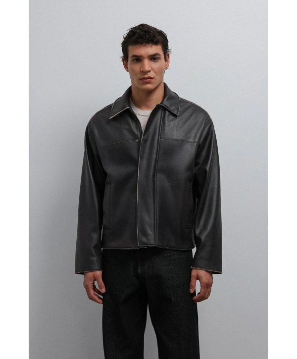 Erkek Normal Kalıp Biyeli Nubuk Deri Mont- Siyah