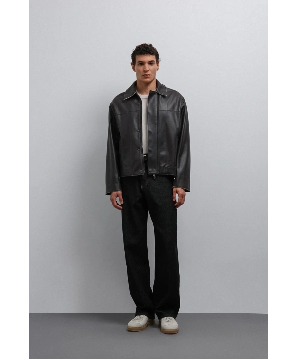 Erkek Normal Kalıp Biyeli Nubuk Deri Mont- Siyah