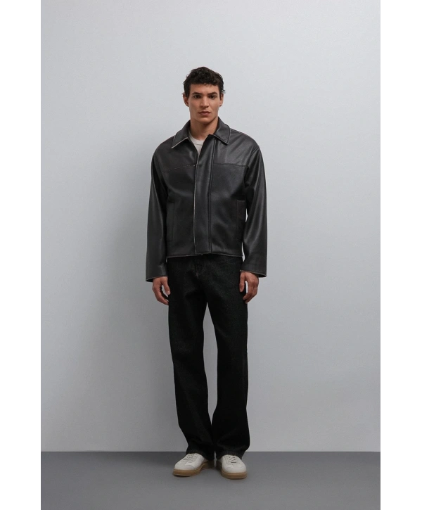 Erkek Normal Kalıp Biyeli Nubuk Deri Mont- Siyah