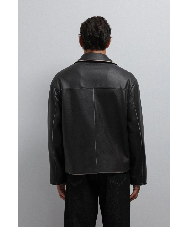 Erkek Normal Kalıp Biyeli Nubuk Deri Mont- Siyah