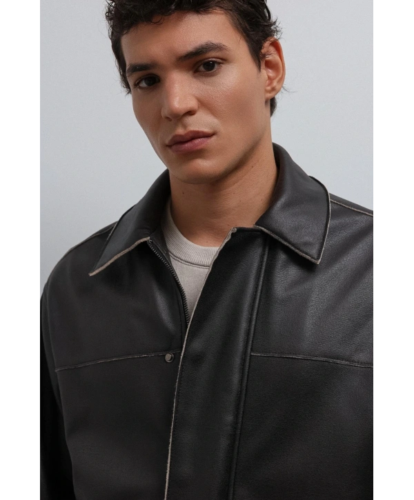 Erkek Normal Kalıp Biyeli Nubuk Deri Mont- Siyah