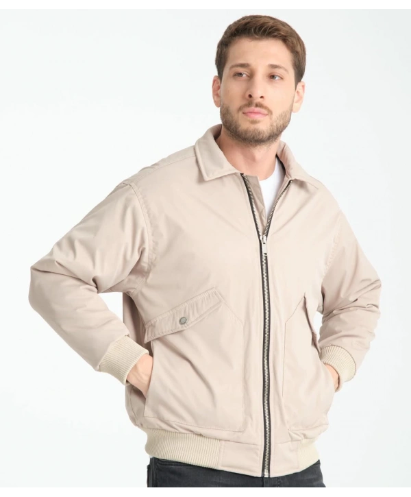 Erkek Normal Kalıp İçi Kürklü Paraşüt Kumaş Fermuarlı Mont - Taş