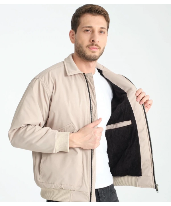 Erkek Normal Kalıp İçi Kürklü Paraşüt Kumaş Fermuarlı Mont - Taş