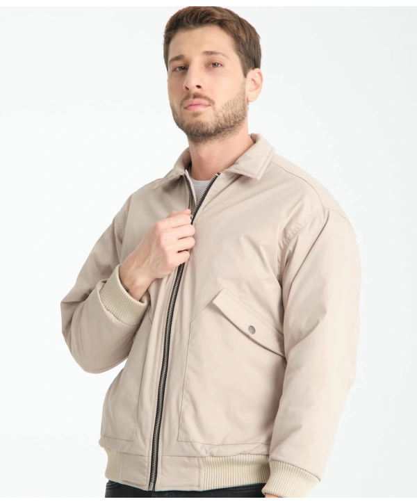 Erkek Normal Kalıp İçi Kürklü Paraşüt Kumaş Fermuarlı Mont - Taş