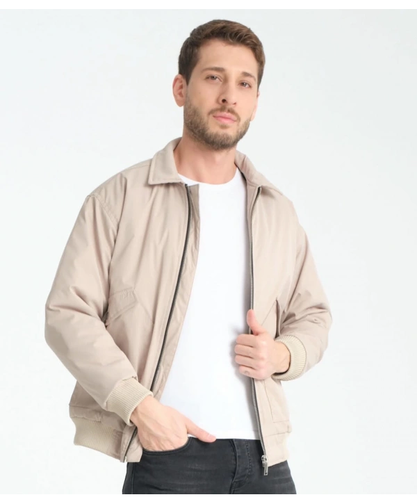 Erkek Normal Kalıp İçi Kürklü Paraşüt Kumaş Fermuarlı Mont - Taş