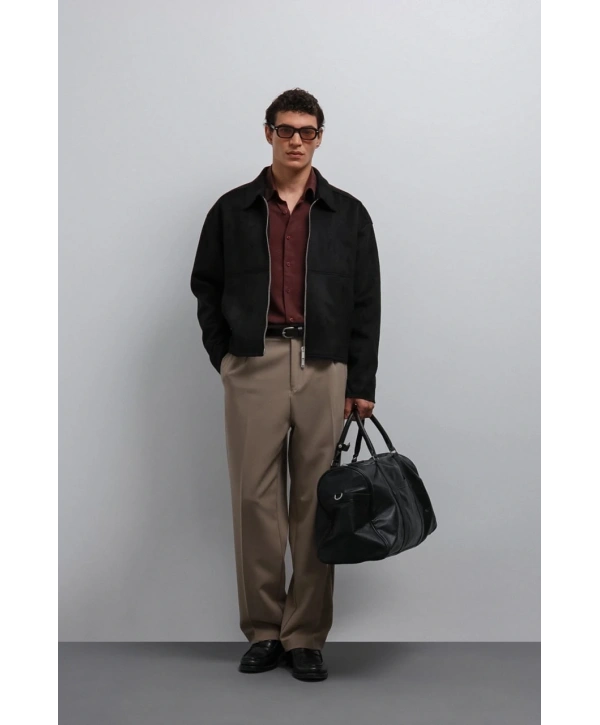 Erkek Normal Kalıp Süet Deri Mont- Siyah