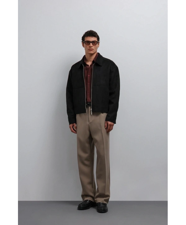 Erkek Normal Kalıp Süet Deri Mont- Siyah