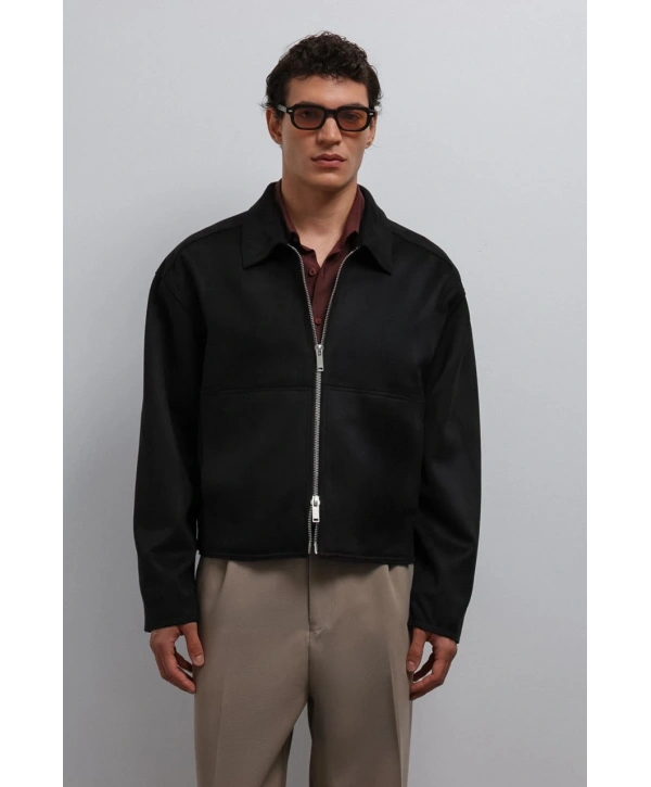 Erkek Normal Kalıp Süet Deri Mont- Siyah