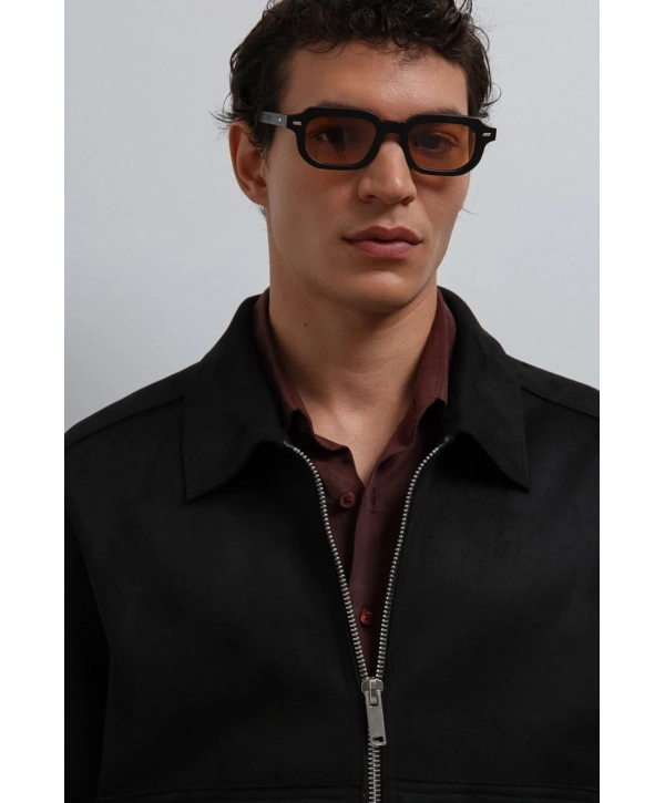 Erkek Normal Kalıp Süet Deri Mont- Siyah