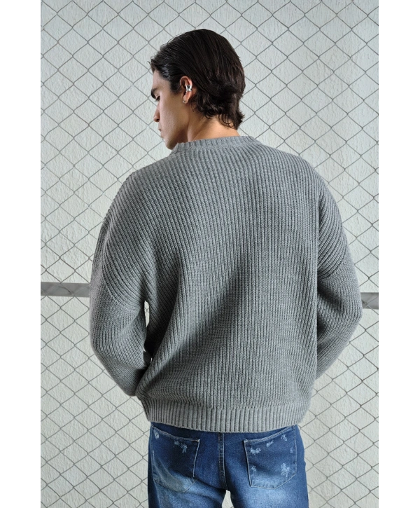 Erkek Normal Kesim Bisiklet Yaka Triko -Gri