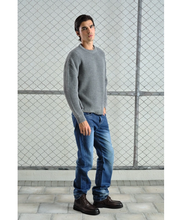 Erkek Normal Kesim Bisiklet Yaka Triko -Gri