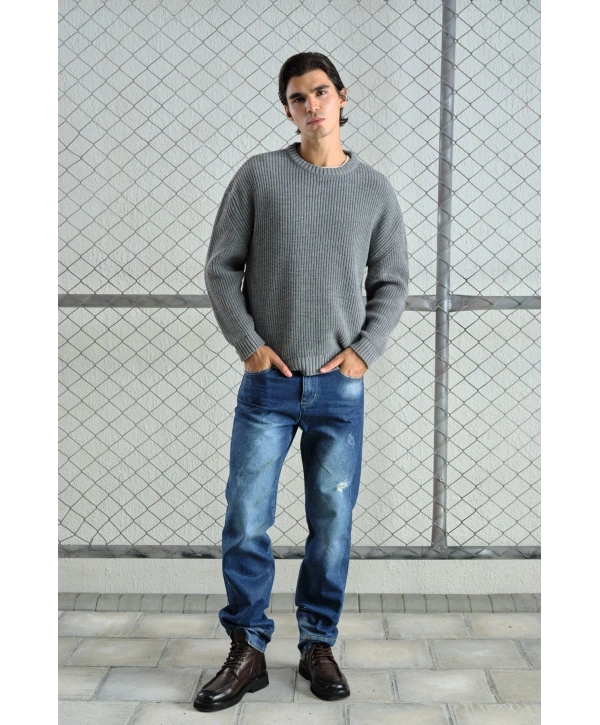 Erkek Normal Kesim Bisiklet Yaka Triko -Gri