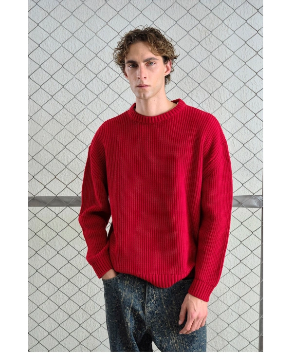 Erkek Normal Kesim Bisiklet Yaka Triko -Kırmızı