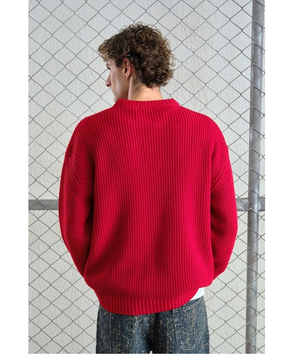 Erkek Normal Kesim Bisiklet Yaka Triko -Kırmızı