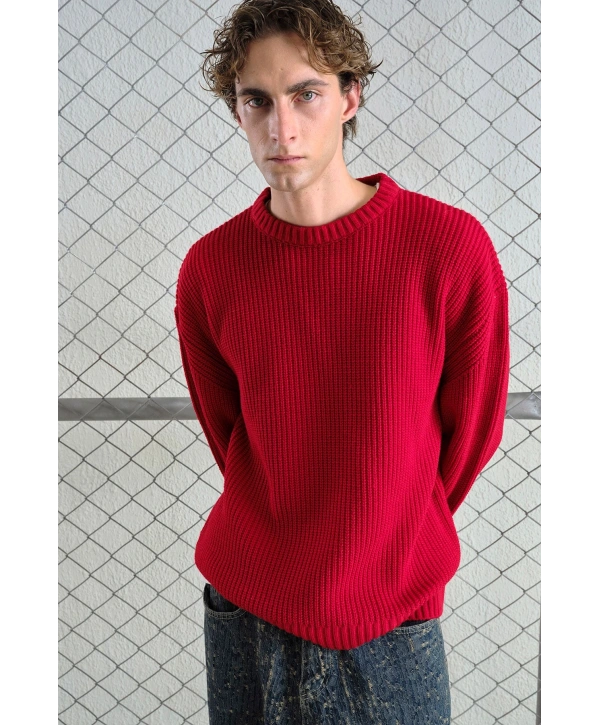 Erkek Normal Kesim Bisiklet Yaka Triko -Kırmızı