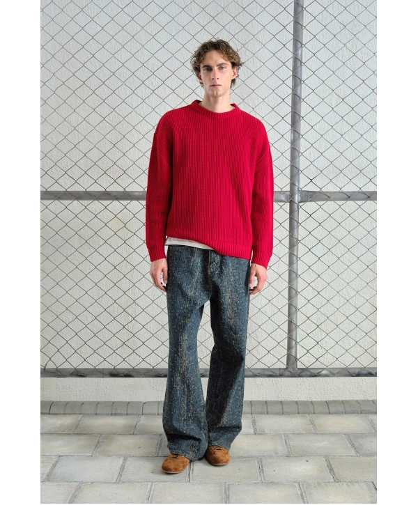 Erkek Normal Kesim Bisiklet Yaka Triko -Kırmızı