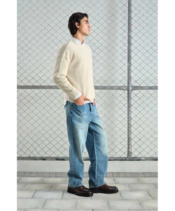 Erkek Normal Kesim Bisiklet Yaka Triko -Krem