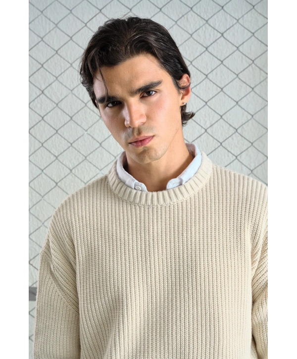 Erkek Normal Kesim Bisiklet Yaka Triko -Krem