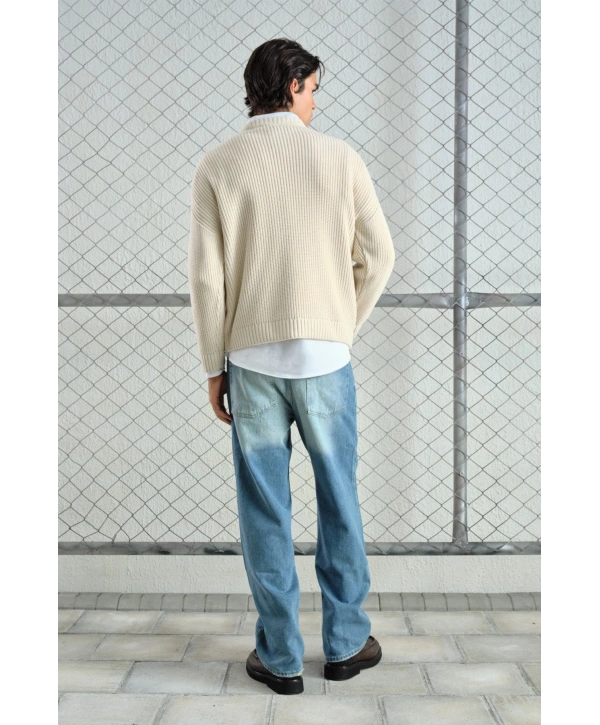 Erkek Normal Kesim Bisiklet Yaka Triko -Krem