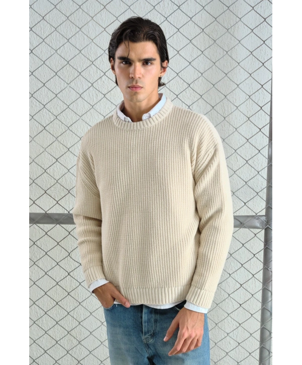 Erkek Normal Kesim Bisiklet Yaka Triko -Krem