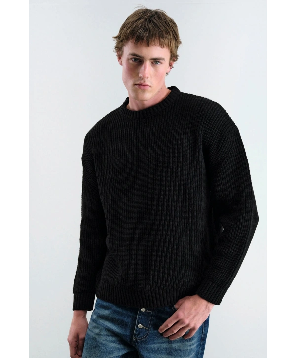 Erkek Normal Kesim Bisiklet Yaka Triko -Siyah