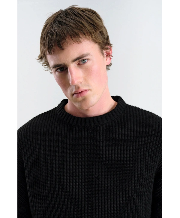 Erkek Normal Kesim Bisiklet Yaka Triko -Siyah