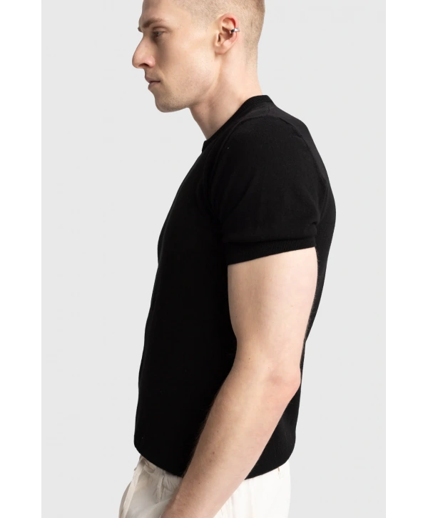 Erkek Normal Kesim Bisiklet Yaka Triko Thişört -Siyah