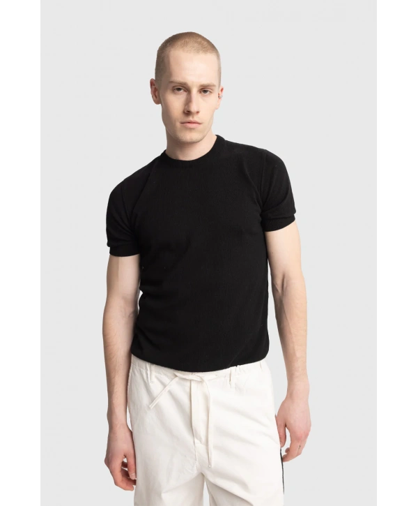 Erkek Normal Kesim Bisiklet Yaka Triko Thişört -Siyah