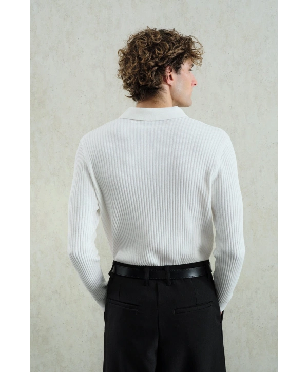 Erkek Normal Kesim Polo Yaka Kendinden Çizgili Triko -Beyaz