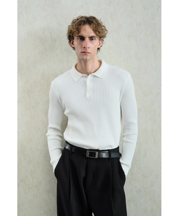 Erkek Normal Kesim Polo Yaka Kendinden Çizgili Triko -Beyaz