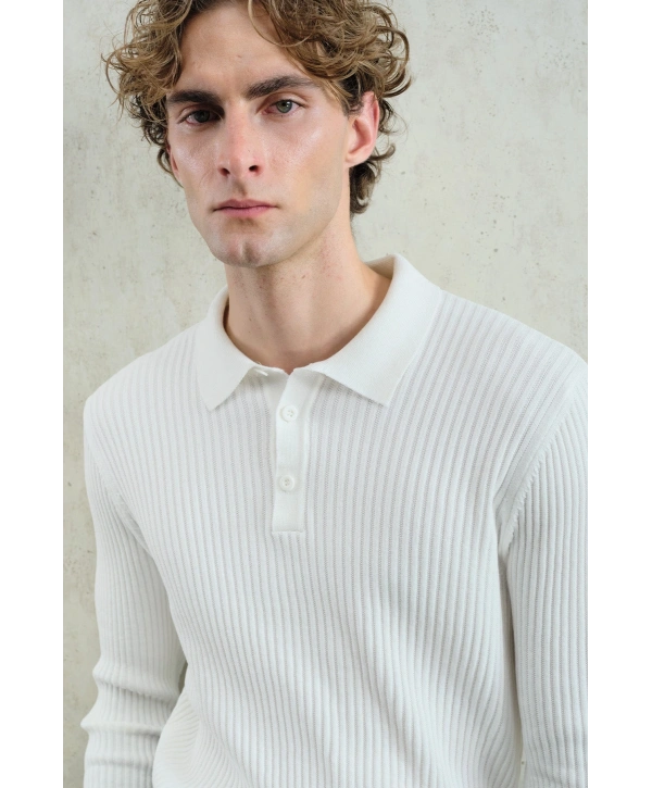 Erkek Normal Kesim Polo Yaka Kendinden Çizgili Triko -Beyaz