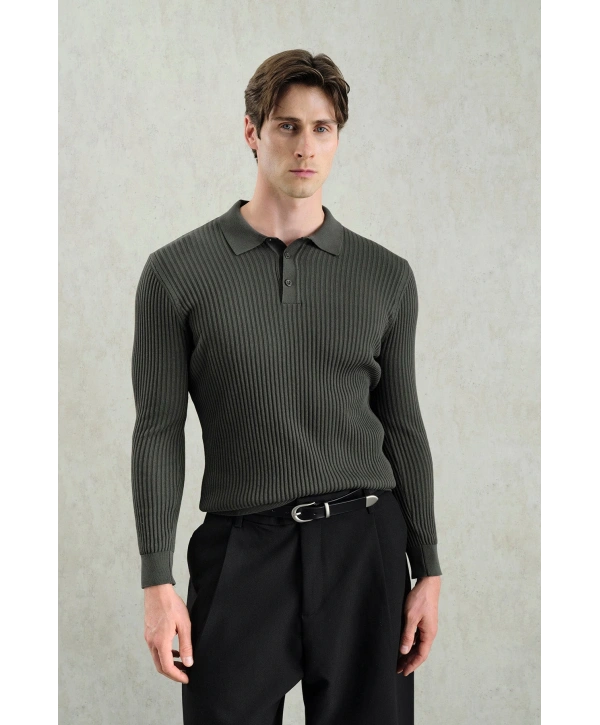Erkek Normal Kesim Polo Yaka Kendinden Çizgili Triko -Gri