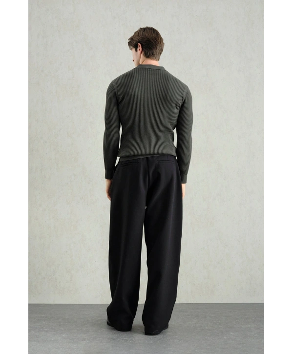 Erkek Normal Kesim Polo Yaka Kendinden Çizgili Triko -Gri