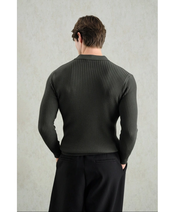 Erkek Normal Kesim Polo Yaka Kendinden Çizgili Triko -Gri