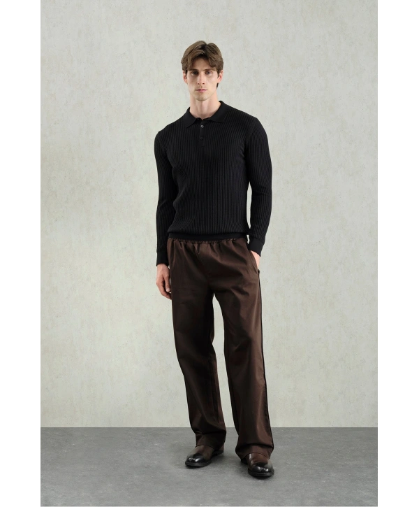 Erkek Normal Kesim Polo Yaka Kendinden Çizgili Triko -Siyah