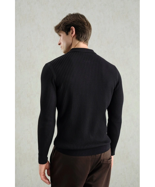 Erkek Normal Kesim Polo Yaka Kendinden Çizgili Triko -Siyah